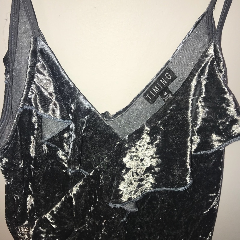 Blue-Grey Crushed Velvet Faux Wrap Crop Top - Picture 3 of 3